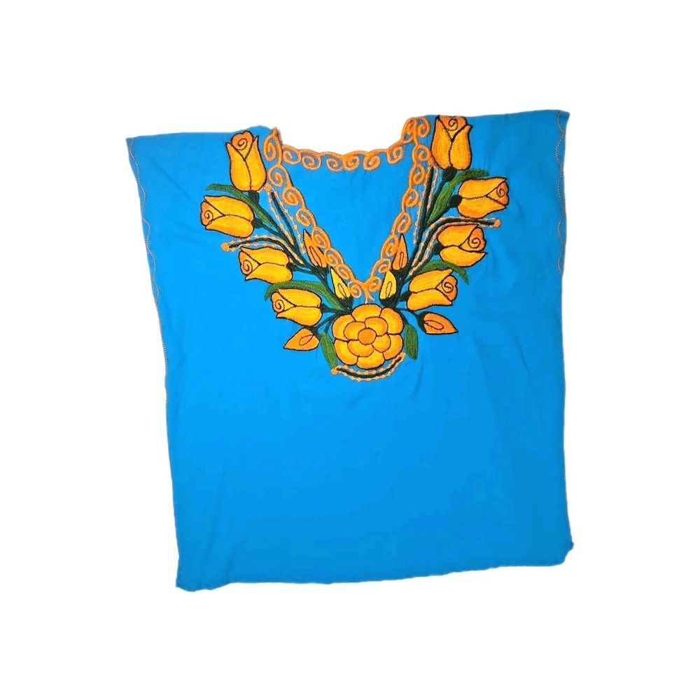 Handmade Mexican Embroidered Blouse Rellena Puebla Folk Art Teal Rose Cotton M L